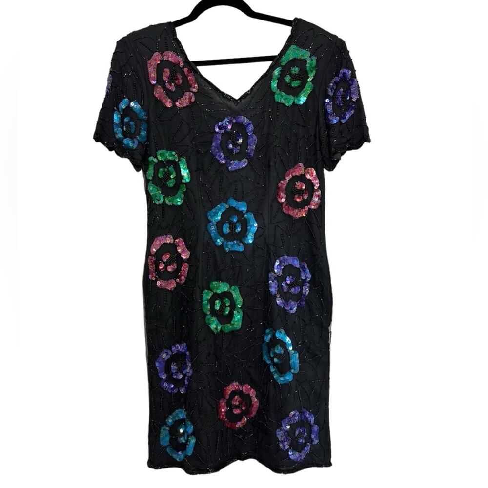 Vintage Styleworks 100% Silk Beaded Sequin Flower Mini Dress - Size S